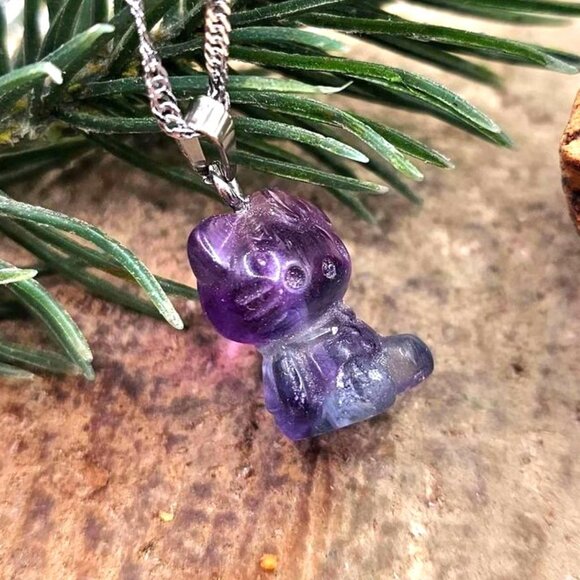 Beautiful Nature Fluorite Carved Kitty Wire Heart Pendant Necklace - Picture 10 of 10